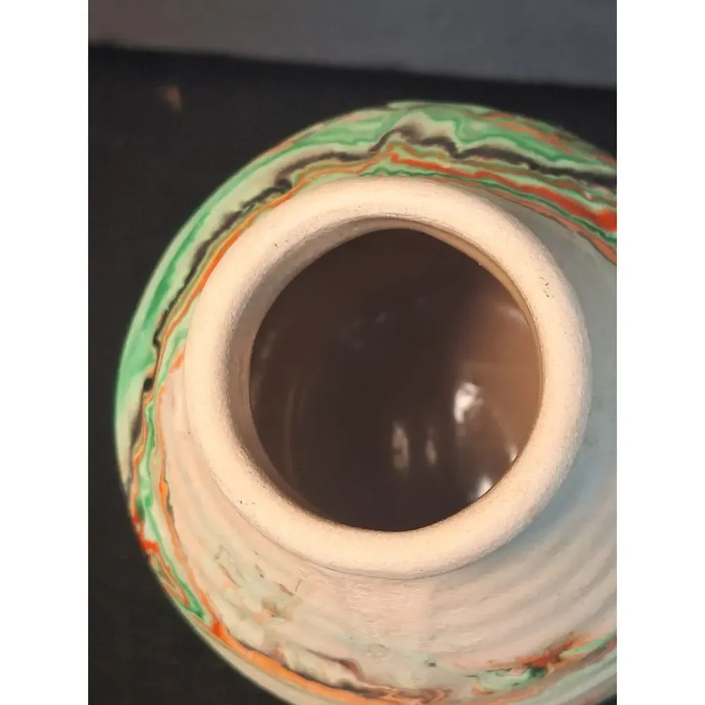 Nemadji Pottery Swirl Vase USA Green Orange Marbleware Mission Drip Art Pottery